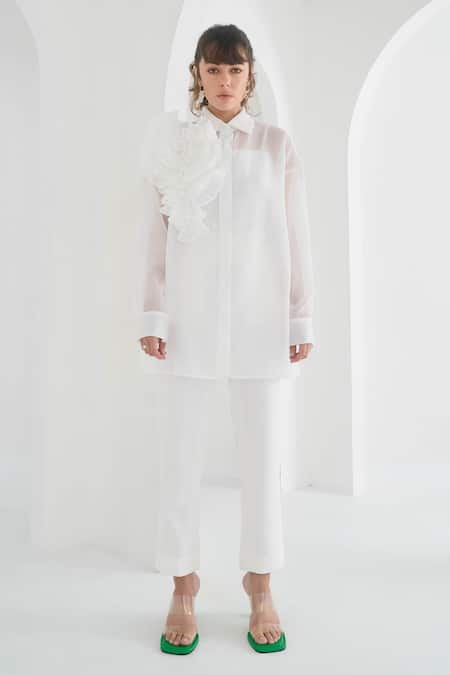 Pleats By Aruni White Chanderi, Cotton Embroidery Collared Yasmin Floral Shirt Online at Aza Fashions Pleats By Aruni_White Chanderi, Cotton Embroidery Collared Yasmin Floral Shirt_Online_at_Aza_Fashions
