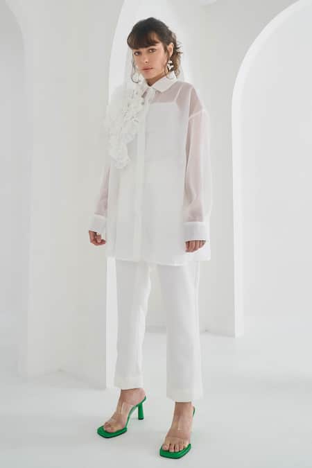 Buy Pleats By Aruni White Chanderi, Cotton Embroidery Collared Yasmin Floral Shirt Online at Aza Fashions Buy_Pleats By Aruni_White Chanderi, Cotton Embroidery Collared Yasmin Floral Shirt_Online_at_Aza_Fashions