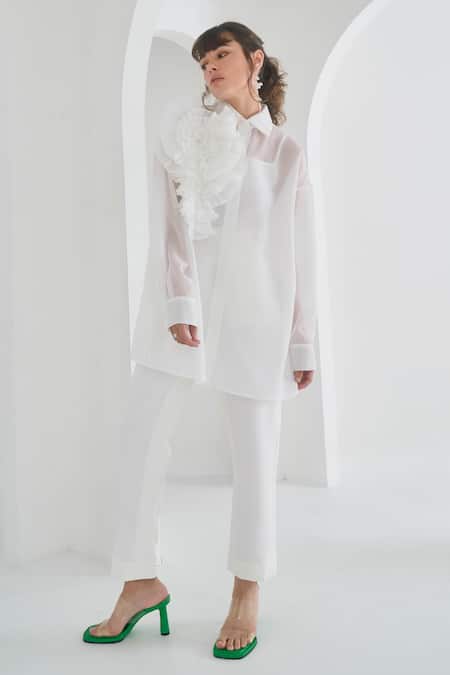 Shop Pleats By Aruni White Chanderi, Cotton Embroidery Collared Yasmin Floral Shirt Online at Aza Fashions Shop_Pleats By Aruni_White Chanderi, Cotton Embroidery Collared Yasmin Floral Shirt_Online_at_Aza_Fashions