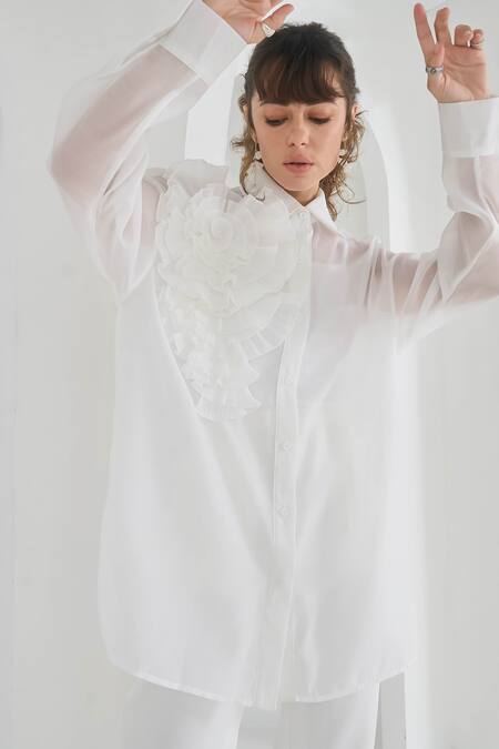 Pleats By Aruni White Chanderi, Cotton Embroidery Collared Yasmin Floral Shirt at Aza Fashions Pleats By Aruni_White Chanderi, Cotton Embroidery Collared Yasmin Floral Shirt_at_Aza_Fashions