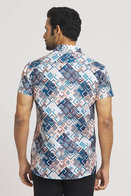 Shop Aryavir Malhotra Multi Color Cotton Geometric Illusion Print Shirt at Aza Fashions Shop_Aryavir Malhotra_Multi Color Cotton Geometric Illusion Print Shirt_at_Aza_Fashions