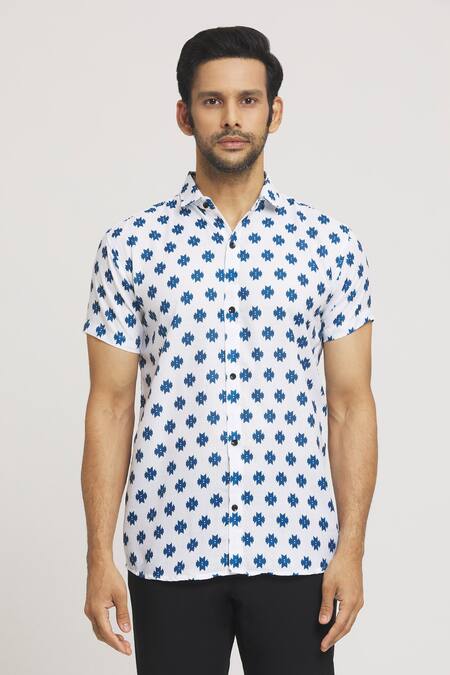 Aryavir Malhotra_White Cotton Geometric Butti Print Shirt_at_Aza_Fashions