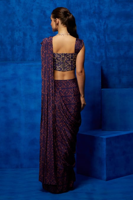 Shop Nautanky Purple Crepe Zari, Sequins, Blossom Print Pre-draped Saree With Blouse at Aza Fashions Shop_Nautanky_Purple Crepe Zari, Sequins, Blossom Print Pre-draped Saree With Blouse _at_Aza_Fashions