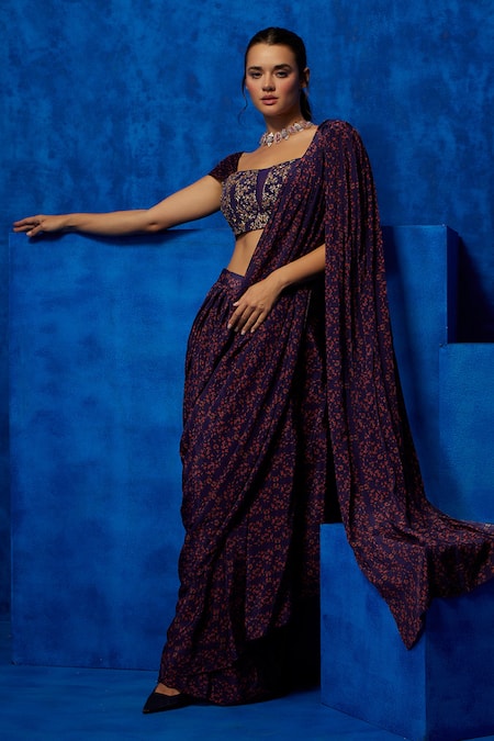 Shop Nautanky Purple Crepe Zari, Sequins, Blossom Print Pre-draped Saree With Blouse Online at Aza Fashions Shop_Nautanky_Purple Crepe Zari, Sequins, Blossom Print Pre-draped Saree With Blouse _Online_at_Aza_Fashions