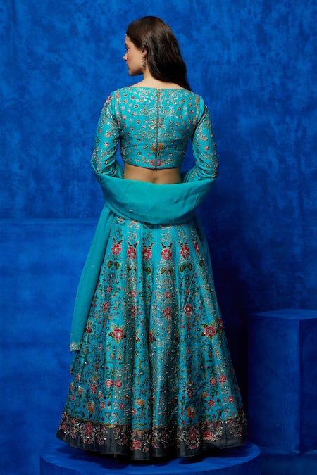 Shop Nautanky Blue Silk, Organza Embroidery, Sequins, Zari Boat Neck Floral Print Lehenga Set at Aza Fashions Shop_Nautanky_Blue Silk, Organza Embroidery, Sequins, Zari Boat Neck Floral Print Lehenga Set _at_Aza_Fashions
