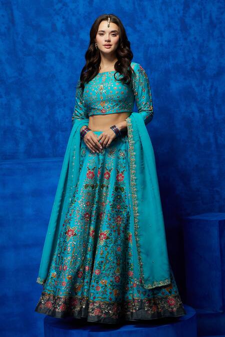 Nautanky Blue Silk, Organza Embroidery, Sequins, Zari Boat Neck Floral Print Lehenga Set Online at Aza Fashions Nautanky_Blue Silk, Organza Embroidery, Sequins, Zari Boat Neck Floral Print Lehenga Set _Online_at_Aza_Fashions