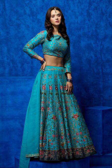 Shop Nautanky Blue Silk, Organza Embroidery, Sequins, Zari Boat Neck Floral Print Lehenga Set Online at Aza Fashions Shop_Nautanky_Blue Silk, Organza Embroidery, Sequins, Zari Boat Neck Floral Print Lehenga Set _Online_at_Aza_Fashions