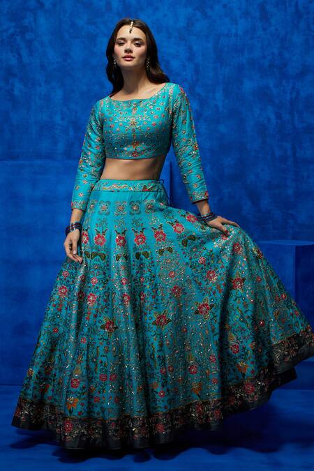 Nautanky Blue Silk, Organza Embroidery, Sequins, Zari Boat Neck Floral Print Lehenga Set at Aza Fashions Nautanky_Blue Silk, Organza Embroidery, Sequins, Zari Boat Neck Floral Print Lehenga Set _at_Aza_Fashions