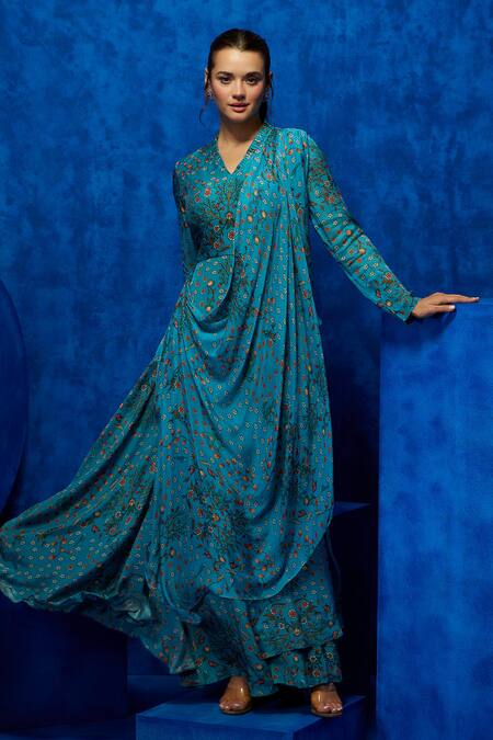 Nautanky_Blue Chiffon, Crepe Blossom Print Victorian Saree Gown _Online_at_Aza_Fashions