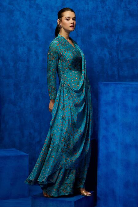 Buy_Nautanky_Blue Chiffon, Crepe Blossom Print Victorian Saree Gown _Online_at_Aza_Fashions