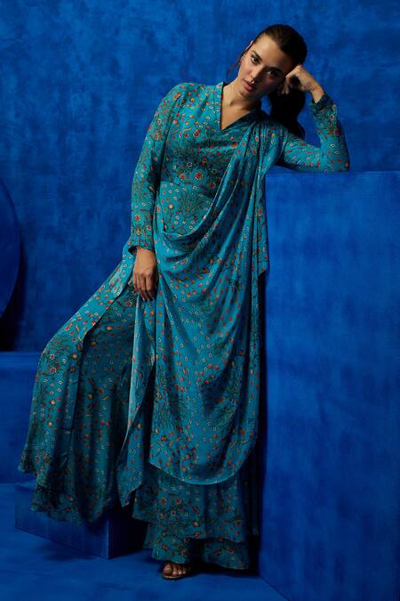 Nautanky_Blue Chiffon, Crepe Blossom Print Victorian Saree Gown _at_Aza_Fashions