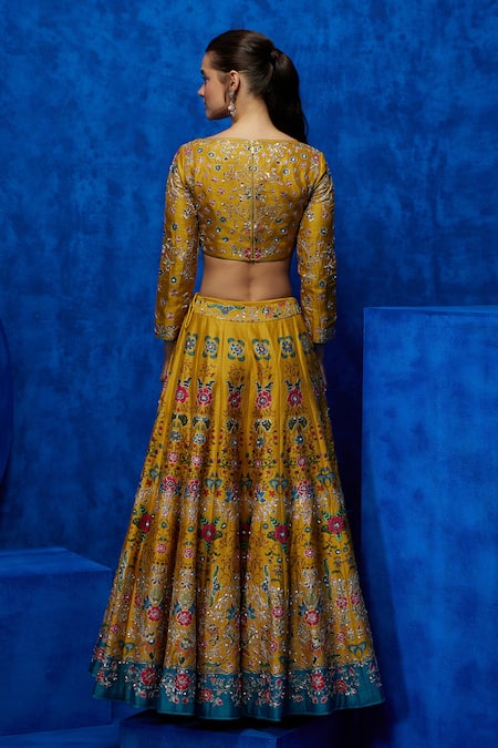 Shop_Nautanky_Yellow Silk, Organza Sequins, Zari Boat Neck Blossom Print Lehenga Set _at_Aza_Fashions