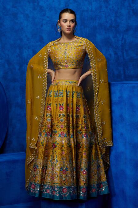 Nautanky_Yellow Silk, Organza Sequins, Zari Boat Neck Blossom Print Lehenga Set _Online_at_Aza_Fashions