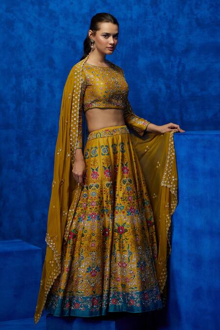 Buy_Nautanky_Yellow Silk, Organza Sequins, Zari Boat Neck Blossom Print Lehenga Set _Online_at_Aza_Fashions