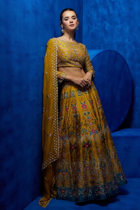 Shop_Nautanky_Yellow Silk, Organza Sequins, Zari Boat Neck Blossom Print Lehenga Set _Online_at_Aza_Fashions