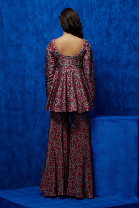 Shop Nautanky Grey Silk Embroidery, Zari Round Neck Blush Blossom Print Kurta And Sharara Set at Aza Fashions Shop_Nautanky_Grey Silk Embroidery, Zari Round Neck Blush Blossom Print Kurta And Sharara Set _at_Aza_Fashions