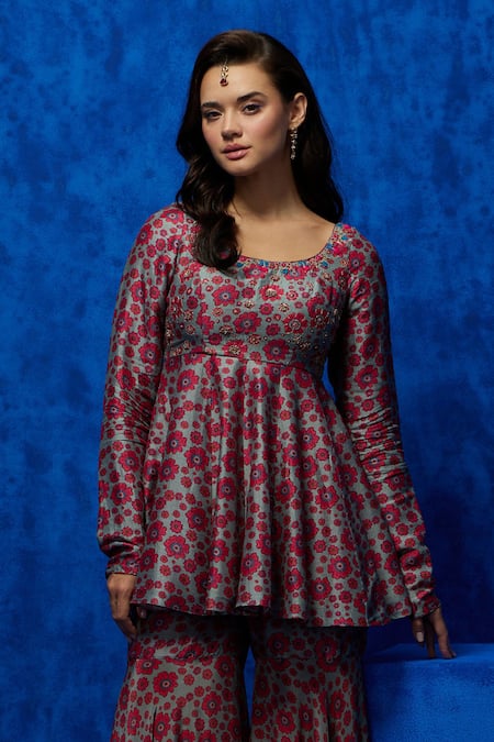 Nautanky Grey Silk Embroidery, Zari Round Neck Blush Blossom Print Kurta And Sharara Set Online at Aza Fashions Nautanky_Grey Silk Embroidery, Zari Round Neck Blush Blossom Print Kurta And Sharara Set _Online_at_Aza_Fashions