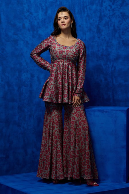 Buy Nautanky Grey Silk Embroidery, Zari Round Neck Blush Blossom Print Kurta And Sharara Set Online at Aza Fashions Buy_Nautanky_Grey Silk Embroidery, Zari Round Neck Blush Blossom Print Kurta And Sharara Set _Online_at_Aza_Fashions