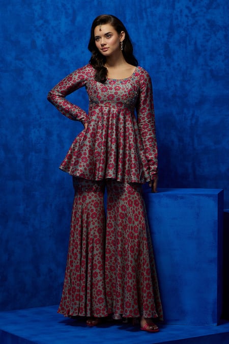 Shop Nautanky Grey Silk Embroidery, Zari Round Neck Blush Blossom Print Kurta And Sharara Set Online at Aza Fashions Shop_Nautanky_Grey Silk Embroidery, Zari Round Neck Blush Blossom Print Kurta And Sharara Set _Online_at_Aza_Fashions