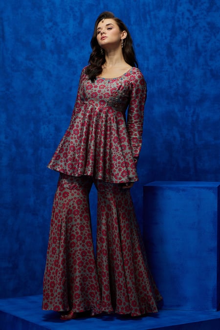 Nautanky Grey Silk Embroidery, Zari Round Neck Blush Blossom Print Kurta And Sharara Set at Aza Fashions Nautanky_Grey Silk Embroidery, Zari Round Neck Blush Blossom Print Kurta And Sharara Set _at_Aza_Fashions
