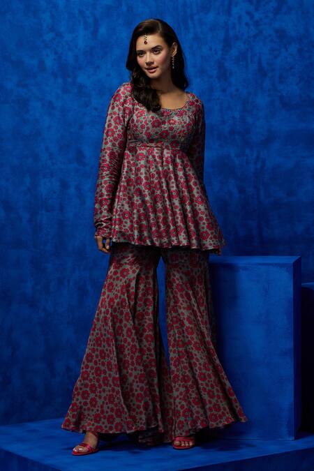 Buy Nautanky Grey Silk Embroidery, Zari Round Neck Blush Blossom Print Kurta And Sharara Set Buy_Nautanky_Grey Silk Embroidery, Zari Round Neck Blush Blossom Print Kurta And Sharara Set