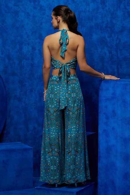 Shop Nautanky Blue Crepe Sequins, Beads, Zari Halter Neck Celestial Petal Print Top Pant Set at Aza Fashions Shop_Nautanky_Blue Crepe Sequins, Beads, Zari Halter Neck Celestial Petal Print Top Pant Set _at_Aza_Fashions