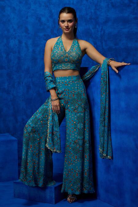 Shop Nautanky Blue Crepe Sequins, Beads, Zari Halter Neck Celestial Petal Print Top Pant Set Online at Aza Fashions Shop_Nautanky_Blue Crepe Sequins, Beads, Zari Halter Neck Celestial Petal Print Top Pant Set _Online_at_Aza_Fashions