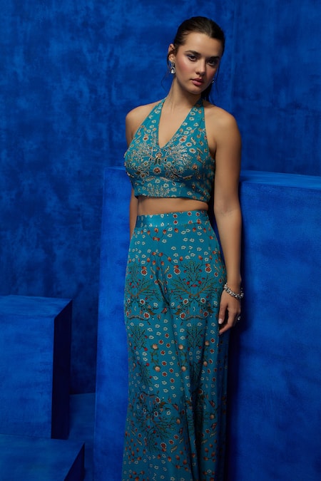 Shop Nautanky Blue Crepe Sequins, Beads, Zari Halter Neck Celestial Petal Print Top Pant Set Shop_Nautanky_Blue Crepe Sequins, Beads, Zari Halter Neck Celestial Petal Print Top Pant Set