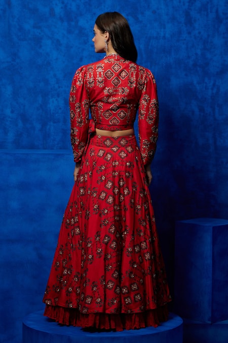 Shop Nautanky Orange Silk Sequins, Zari V-neck Printed Top And Lehenga Set at Aza Fashions Shop_Nautanky_Orange Silk Sequins, Zari V-neck Printed Top And Lehenga Set _at_Aza_Fashions