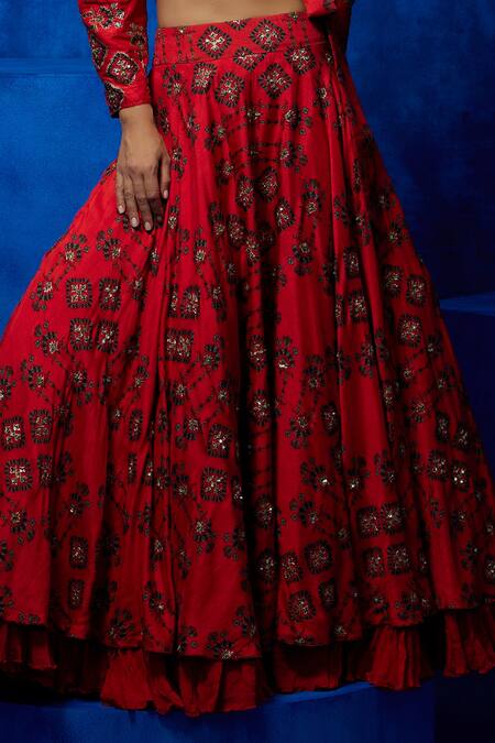 Nautanky Orange Silk Sequins, Zari V-neck Printed Top And Lehenga Set Online at Aza Fashions Nautanky_Orange Silk Sequins, Zari V-neck Printed Top And Lehenga Set _Online_at_Aza_Fashions