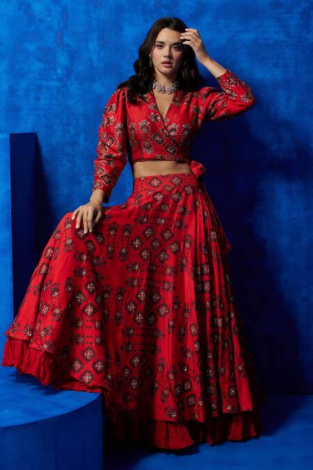 Shop Nautanky Orange Silk Sequins, Zari V-neck Printed Top And Lehenga Set Shop_Nautanky_Orange Silk Sequins, Zari V-neck Printed Top And Lehenga Set