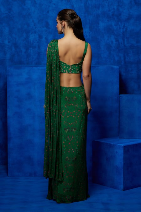 Shop_Nautanky_Emerald Green Crepe Zari Square Neck Bloom Print Pre-draped Saree With Blouse _at_Aza_Fashions