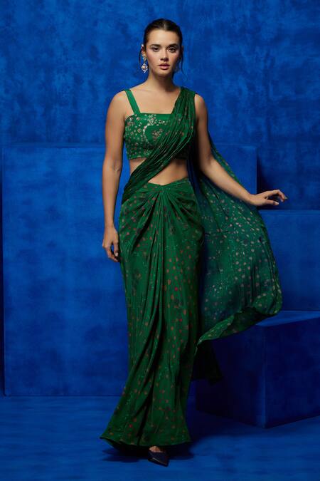Shop_Nautanky_Emerald Green Crepe Zari Square Neck Bloom Print Pre-draped Saree With Blouse _Online_at_Aza_Fashions