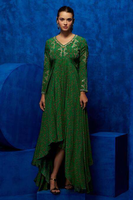 Nautanky_Emerald Green Crepe Sequins, Beads V-neck Bloom Print High-low Dress _Online_at_Aza_Fashions
