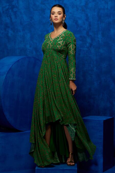 Buy_Nautanky_Emerald Green Crepe Sequins, Beads V-neck Bloom Print High-low Dress _Online_at_Aza_Fashions