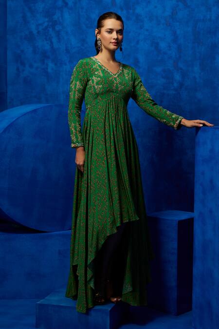 Shop_Nautanky_Emerald Green Crepe Sequins, Beads V-neck Bloom Print High-low Dress _Online_at_Aza_Fashions