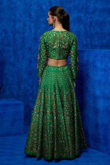 Shop_Nautanky_Emerald Green Silk, Organza Beads, Sequins V-neck Garden Print Lehenga Set _at_Aza_Fashions