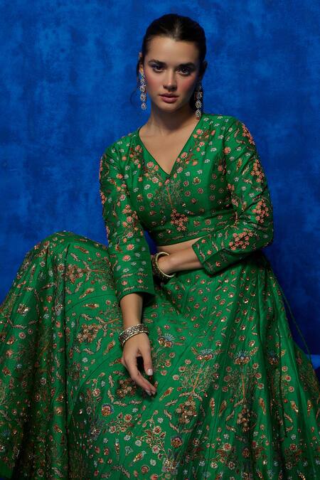 Shop_Nautanky_Emerald Green Silk, Organza Beads, Sequins V-neck Garden Print Lehenga Set _Online_at_Aza_Fashions