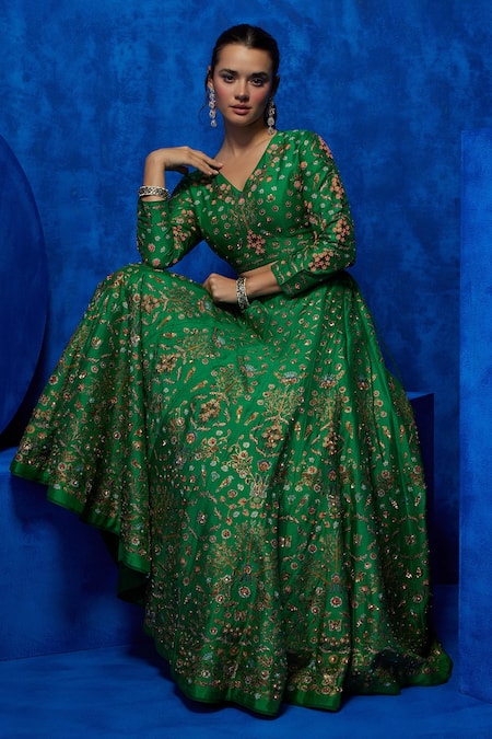 Nautanky_Emerald Green Silk, Organza Beads, Sequins V-neck Garden Print Lehenga Set _at_Aza_Fashions