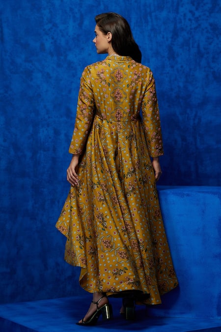 Shop Nautanky Yellow Silk Beads, Sequins, Zari Shawl Neck Lilly Garden Print Dress at Aza Fashions Shop_Nautanky_Yellow Silk Beads, Sequins, Zari Shawl Neck Lilly Garden Print Dress _at_Aza_Fashions