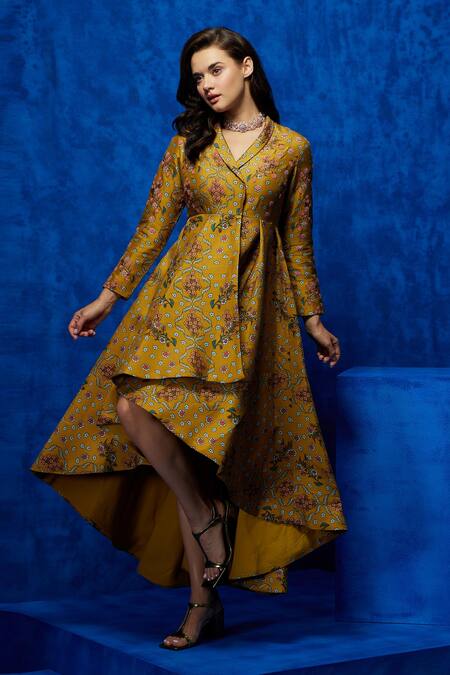 Nautanky Yellow Silk Beads, Sequins, Zari Shawl Neck Lilly Garden Print Dress Online at Aza Fashions Nautanky_Yellow Silk Beads, Sequins, Zari Shawl Neck Lilly Garden Print Dress _Online_at_Aza_Fashions