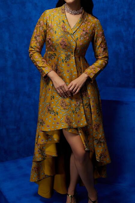 Buy Nautanky Yellow Silk Beads, Sequins, Zari Shawl Neck Lilly Garden Print Dress Online at Aza Fashions Buy_Nautanky_Yellow Silk Beads, Sequins, Zari Shawl Neck Lilly Garden Print Dress _Online_at_Aza_Fashions