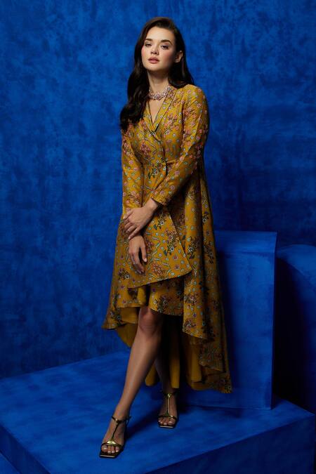 Nautanky Yellow Silk Beads, Sequins, Zari Shawl Neck Lilly Garden Print Dress at Aza Fashions Nautanky_Yellow Silk Beads, Sequins, Zari Shawl Neck Lilly Garden Print Dress _at_Aza_Fashions