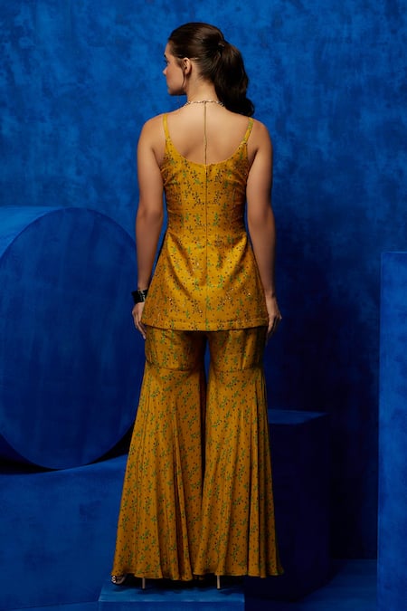 Shop Nautanky Yellow Silk, Crepe, Organza Sequins, Zari Round Meadow Print Kurta Sharara Set at Aza Fashions Shop_Nautanky_Yellow Silk, Crepe, Organza Sequins, Zari Round Meadow Print Kurta Sharara Set _at_Aza_Fashions