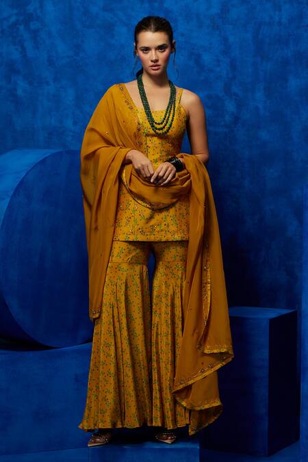 Nautanky Yellow Silk, Crepe, Organza Sequins, Zari Round Meadow Print Kurta Sharara Set Online at Aza Fashions Nautanky_Yellow Silk, Crepe, Organza Sequins, Zari Round Meadow Print Kurta Sharara Set _Online_at_Aza_Fashions