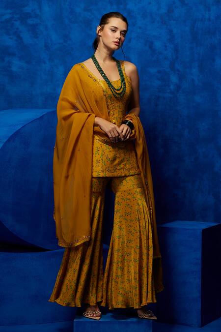 Shop Nautanky Yellow Silk, Crepe, Organza Sequins, Zari Round Meadow Print Kurta Sharara Set Online at Aza Fashions Shop_Nautanky_Yellow Silk, Crepe, Organza Sequins, Zari Round Meadow Print Kurta Sharara Set _Online_at_Aza_Fashions