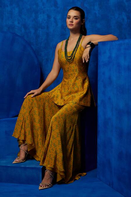 Nautanky Yellow Silk, Crepe, Organza Sequins, Zari Round Meadow Print Kurta Sharara Set at Aza Fashions Nautanky_Yellow Silk, Crepe, Organza Sequins, Zari Round Meadow Print Kurta Sharara Set _at_Aza_Fashions