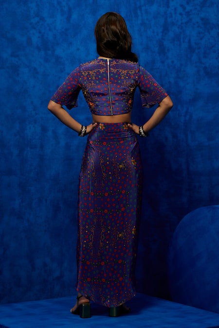 Shop Nautanky Purple Crepe Beads, Sequins Round Neck Bloom Print Top And Draped Skirt Set at Aza Fashions Shop_Nautanky_Purple Crepe Beads, Sequins Round Neck Bloom Print Top And Draped Skirt Set _at_Aza_Fashions