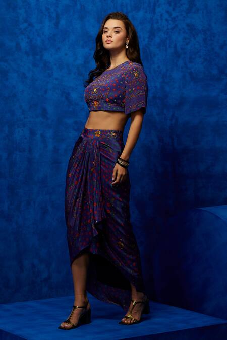 Buy Nautanky Purple Crepe Beads, Sequins Round Neck Bloom Print Top And Draped Skirt Set Online at Aza Fashions Buy_Nautanky_Purple Crepe Beads, Sequins Round Neck Bloom Print Top And Draped Skirt Set _Online_at_Aza_Fashions