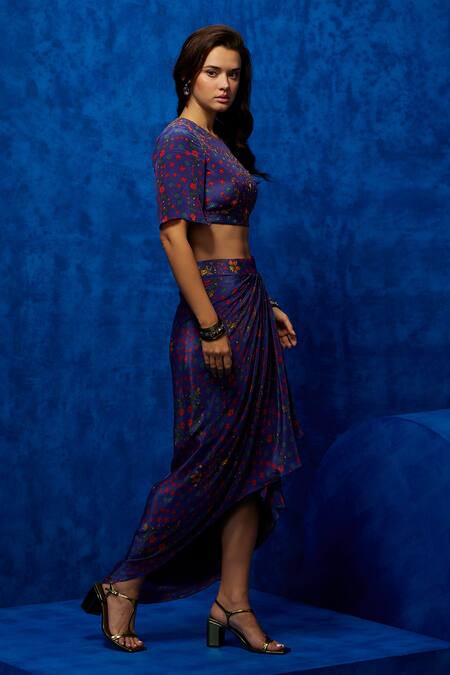 Shop Nautanky Purple Crepe Beads, Sequins Round Neck Bloom Print Top And Draped Skirt Set Online at Aza Fashions Shop_Nautanky_Purple Crepe Beads, Sequins Round Neck Bloom Print Top And Draped Skirt Set _Online_at_Aza_Fashions